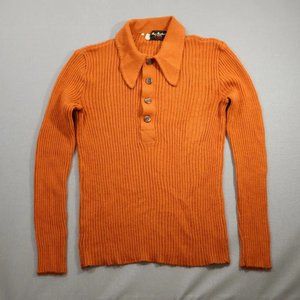 VTG 70s Maas Brothers Collared Henley Sweater XL Ribbed Sienna Orange Autumn